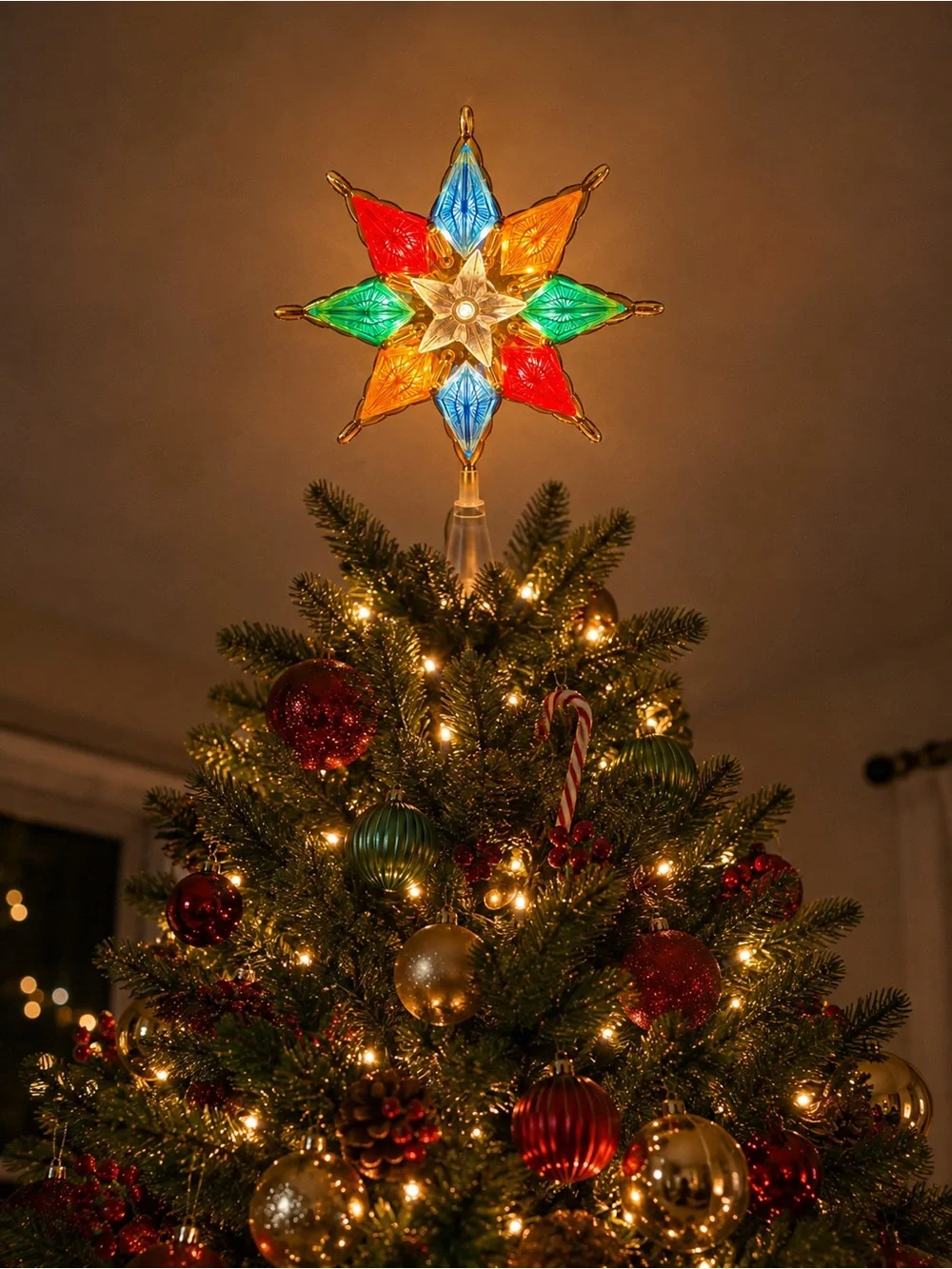 Vintage Style Christmas Tree Atomic Star Topper Rainbow Lights and Gold Festive